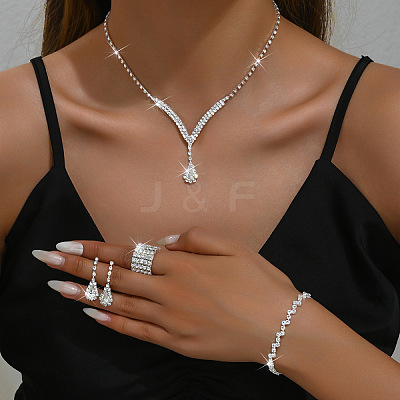 Alloy Rhinestone Horse Eye Chain Bracelets & Teardrop Stud Dangle Earring & Pendant Necklaces & Rings Sets FS-WG7ACD4-02-1