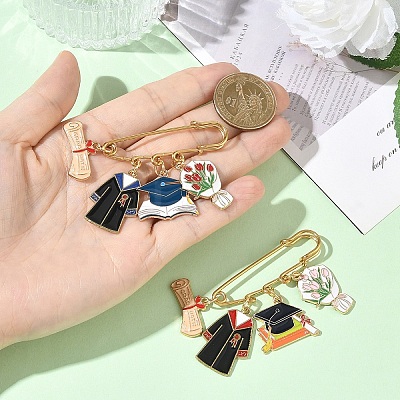 2Pcs Graduation & Tulip Charm Alloy Enamel Safety Pin Brooches JEWB-YW00003-1