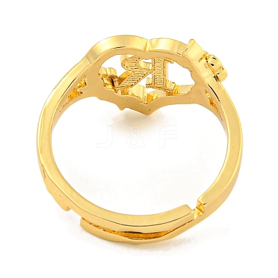 Heart with Letter & Flower Rack Plating Brass Adjustable Rings for Women RJEW-I105-05G-R-1