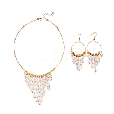 Alloy & Imitation Pearl Round Tassel Dangle Earrings & Necklaces Sets for Women WG98AEF-01-1