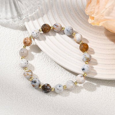 Natural Dendritic Opal & Brass Spacer Beads Beaded Stretch Bracelets for Women BJEW-JB14072-1