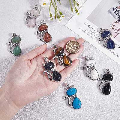 12Pcs 12 Style Natural & Synthetic Gemstone Kitten Pendants G-SZ0002-17-1