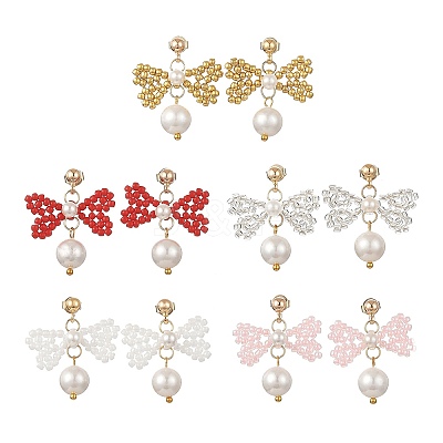 Glass Seed Bead and Shell Pearl Bead Dangle Earrings EJEW-MZ00766-1