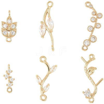 6Pcs 6 Styles Brass Micro Pave Cubic Zirconia Leaf Branch Links Connector Charms KK-YW0004-38-RS-1