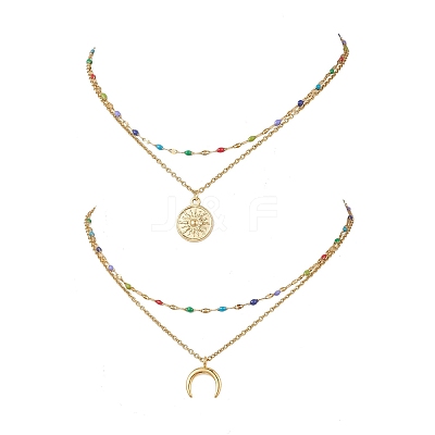 2Pcs 2 Styles 304 Stainless Steel Moon Sun Pendant Colorful Enamel Cable Chain Double Layer Necklaces for Women NJEW-JN05809-1