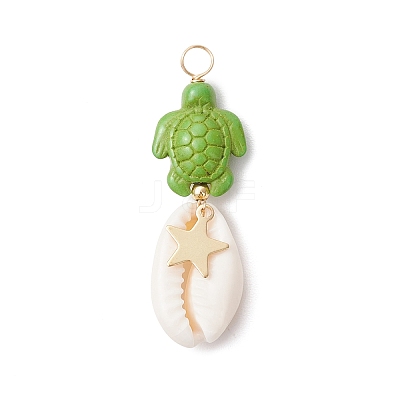 4Pcs 4 Styles Natural Cowrie Shell & Dyed Synthetic Turquoise Turtle Copper Wire Wrapped Pendants PALLOY-JF04035-03-1