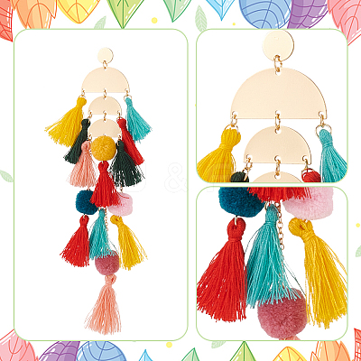 2 Pairs 2 Colors Polyester Tassel with Pompom Boho Chandelier Earrings EJEW-AN0001-75-1