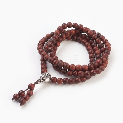 Four Loops Natural Sandalwood Beads Stretch Wrap Bracelets BJEW-JB03812-1
