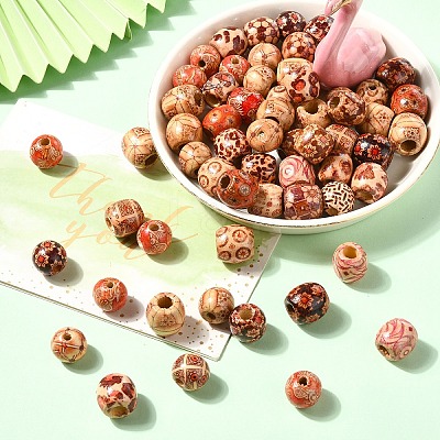 60Pcs 3 Styles Printed Natural Wood Beads WOOD-YW0001-31-1