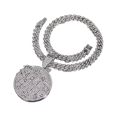 Hip-Hop Alloy Full Crystal Rhinestone Self Made Medal Pendant Cuban Link Chain Necklaces for Men Women FS-WG8D003-02-1