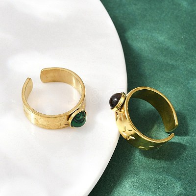 316 Stainless Steel with Natural Mixed Gemstone Cuff Rings RJEW-Z098-01G-15-1