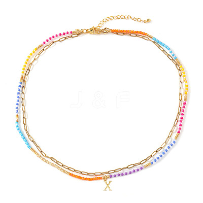 Colorful Glass Seed Beaded Initial Pendant Double Layer Necklaces QS3881-24-1