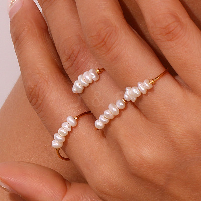 Nuggets Stainless Steel & Natural Freshwater Pearl Beads Finger Rings WG1BE4A-01-1