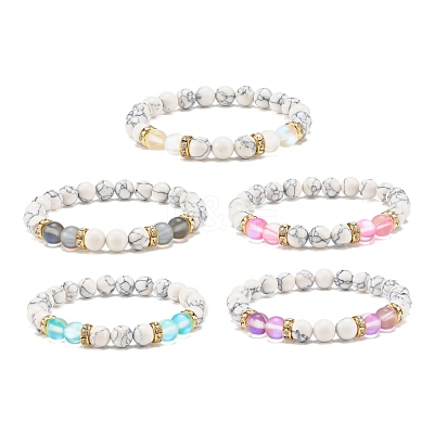 Synthetic Moonstone & Howlite Round Beaded Stretch Bracelet BJEW-JB07878-1