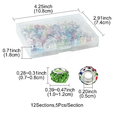 60Pcs 12 Colors Polymer Clay Rhinestone European Beads CPDL-FS0001-02-1