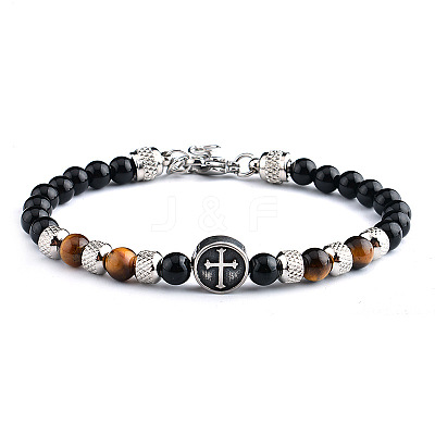 Natural Tiger Eye & Stainless Steel Cross Beaded Bracelet WG19411-01-1