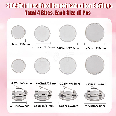 40Pcs 4 Styles 304 Stainless Steel Brooch Cabochon Settings STAS-BBC0007-28-1