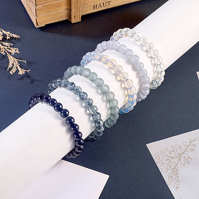 6Pcs 6 Styles 8mm Glass Round Beaded Stretch Bracelet Sets BJEW-TAC0024-1