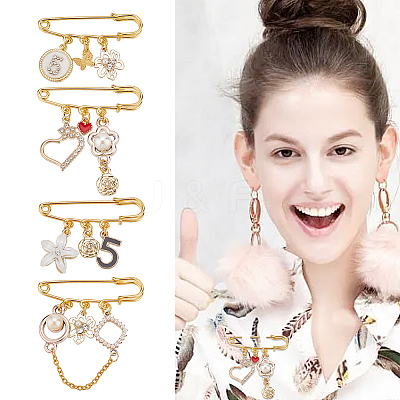 4Pcs 4 Style Flower & Heart & Number 5 Enamel Charms Safety Pin Brooches JEWB-BC0001-09-1