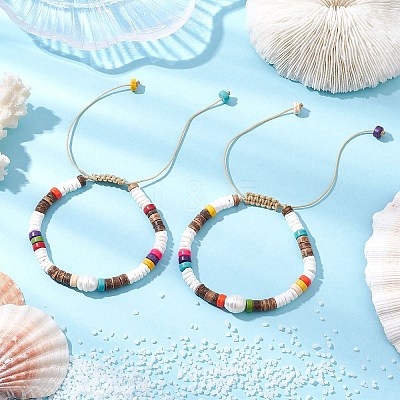 Adjustable Synthetic Turquoise Heishi & Natural Sea Shell & Coconut & Cultured Freshwater Pearl Beaded Braided Bead Bracelets for Women BJEW-JB11543-1