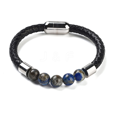 Natural Lapis Lazuli Round Bead Braided Leather Cord Bracelets for Men Women BJEW-A009-11P-03-1