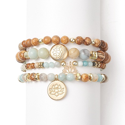 Natural Flower Amazonite & Picture Jasper Beaded Stretch Bracelets Sets with Non-Magnetic Synthetic Hematite BJEW-JB09280-1