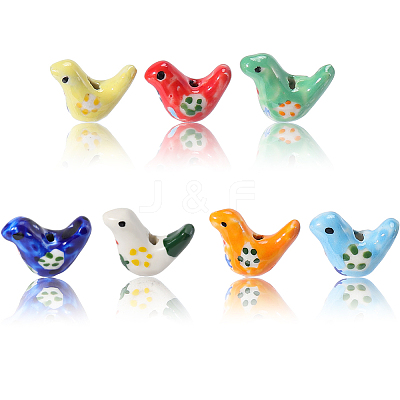 14Pcs 7 Colors Handmade Printed Porcelain Beads PORC-SC0001-46-1