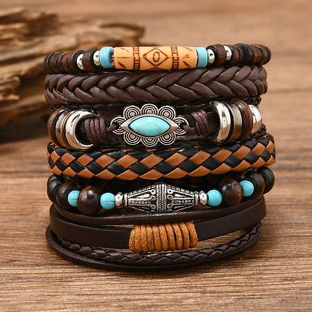 6Pcs 6 Styles Wood & Synthetic Turquoise Beaded Stretch Bracelets & Alloy Synthetic Turquoise Link Bracelets & Retro PU Leather Cord Bracelets for Men's FS-WG129F8-03-1