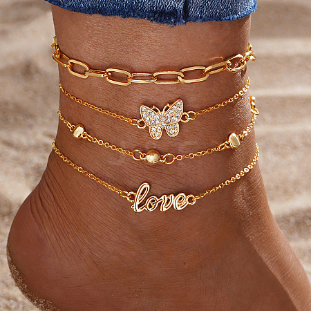 4Pcs Alloy Rhinestone Anklets WG853BB-10-1