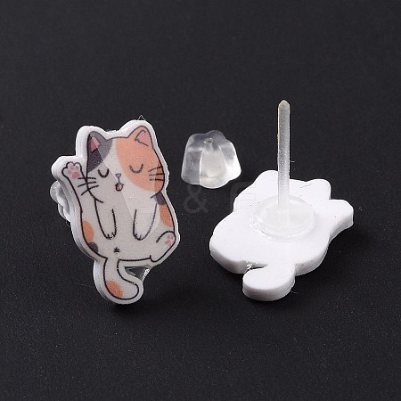 Acrylic Cat Stud Earrings with Platic Pins for Women EJEW-F293-04A-1