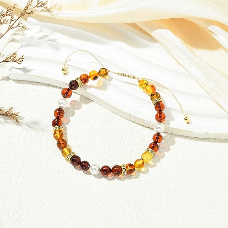 Round Natural Amber & Shell Pearl Beads Braided Bead Bracelets BJEW-JB13904-1
