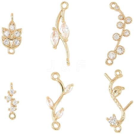 6Pcs 6 Styles Brass Micro Pave Cubic Zirconia Leaf Branch Links Connector Charms KK-YW0004-38-RS-1