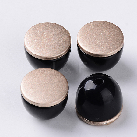 Jewelry Beads Findings Opaque Acrylic Beads, Two Tone, with Rose Gold Plated Flat Plate, Half Drilled, Half Oval, Black, 16x14mm, Half Hole: 2.5mm