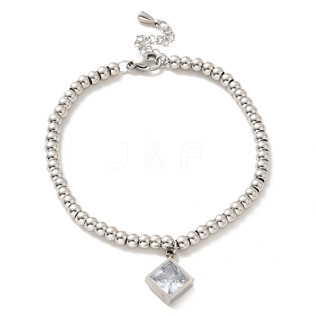 304 Stainless Steel Rhombus Charm Bracelet with Cubic Zirconia BJEW-B057-09P-1