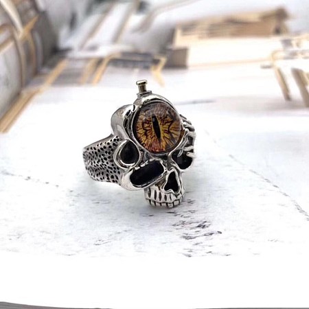 925 Sterling Silver Skull with Dragon Eye Open Cuff Ring with Glass RJEW-BB72269-A-1