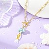 Ocean Natural Larimar & Whtie Shell Fish Pendant Brass Paperclip Chain Necklaces with OT Clasps for Women NJEW-JN06475-1