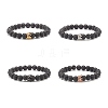 4Pcs 4 Color Natural Lava Rock Round Beaded Stretch Bracelets Set with Cubic Zirconia Crown BJEW-JB07797-1