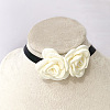 Double 3D Rose Polyester Band Choker Necklaces with Alloy End Chains FS-WG50A3E-02-2