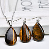 Teardrop Natural Tiger Eye Pendant Necklaces & Dangle Earrings Sets FS-WGAC060-04-1