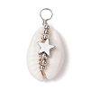 6Pcs 6 Styles Natural Cowrie Shell Copper Wire Wrapped Star & Heart & Round Pendants PALLOY-JF02938-2