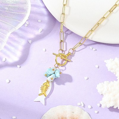 Ocean Natural Larimar & Whtie Shell Fish Pendant Brass Paperclip Chain Necklaces with OT Clasps for Women NJEW-JN06475-1
