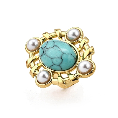 304 Stainless Steel with Turquoise and Plastic Imitation Pearl Adjustable Cuff Rings for Women LS-RJEW-Z096-02G-01-1