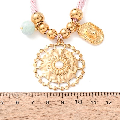 304 Stainless Steel Flower Cowboy Hat Pendant Polyester Cord Necklaces NJEW-C105-02G-1