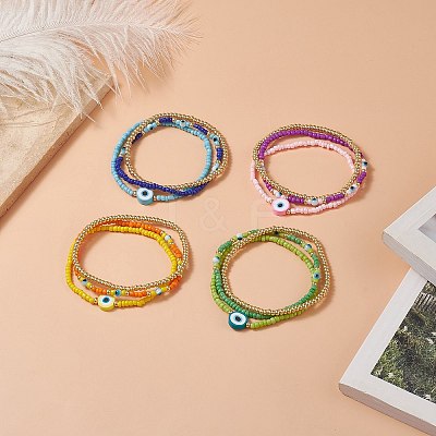 3Pcs 3 Style Evil Eye Polymer Clay & Glass Seed Beaded Stretch Bracelets Set for Women BJEW-JB09228-1
