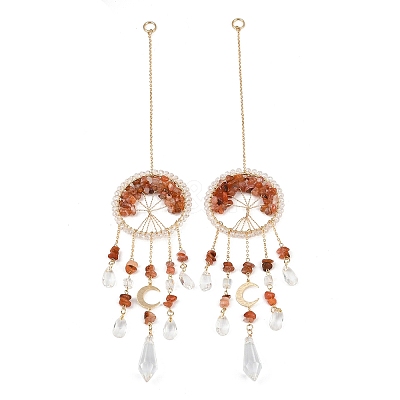 Wire Wrapped Natural Red Agate Chip Tree of Life Window Hanging Prism Ornaments HJEW-TA00283-02-1