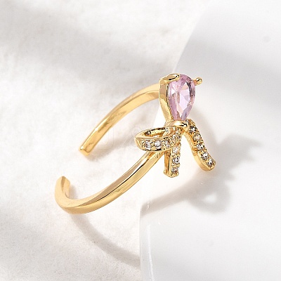 Brass Pave Pink and Clear Cubic Zirconia Cuff Rings RJEW-P173-01G-02-1