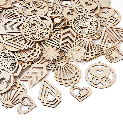 100Pcs 10 Styles Undyed Natural Wooden Big Pendants WOOD-EL0001-03-1