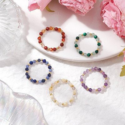 Natural Gemstone Beaded Stretch Rings RJEW-JR00866-1