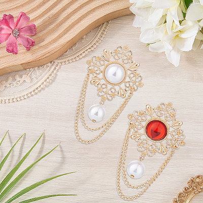 2Pcs 2 Colors Flower ABS Plastic Imitation Pearl Brooches JEWB-CP0001-57-1