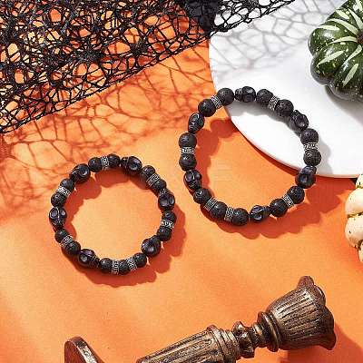 2Pcs 2 Styles Halloween Natural Lava Rock Round & Dyed Synthetic Turquoise Skull Beaded Stretch Bracelet Sets for Women Men BJEW-JB12251-1
